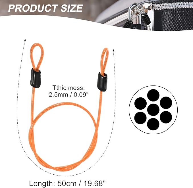 MECCANIXITY Security Steel Cable Lock, Safety Cable Flexible Wire Rope Luggage Lock 1.6feet 2.5mm Vinyl Coated Braided Steel with Double Loop for Bike Bicycle U-Lock Padlock Orange
