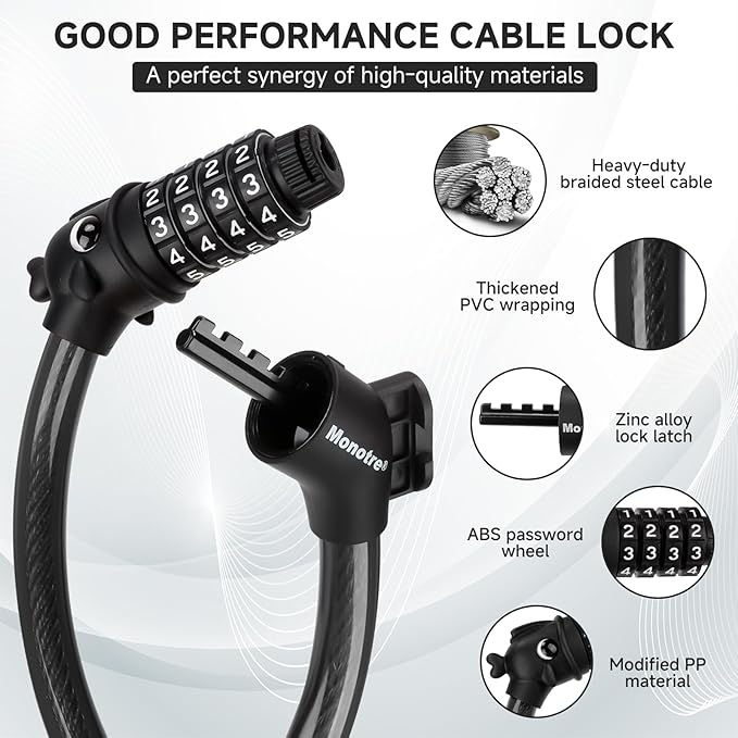 Bike Lock, 3.9 Feet 4-Digit Resettable Combination Password Anti-Theft Cable Lock, Cute Coiled Bike Locks with Mounting Bracket, Suitable for Bicycles, Electric Scooters, Ebikes (Black-10mm)