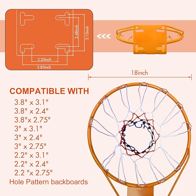 Basketball Rim Goal 18 ", Replacement Basketball Rim Goal Hoop Net for Indoor Outdoor