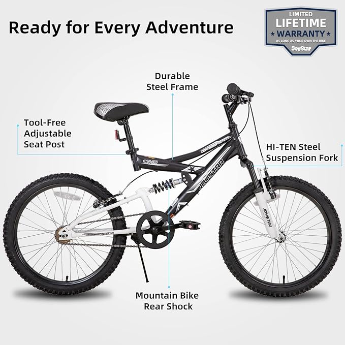 JOYSTAR 20 Inch Kids' Bike for Boys Girls Ages 7-13 Years Old, Dual-Suspension Kids Mountain Bike with Dual Handbrake & Kickstand, Multiple Colors