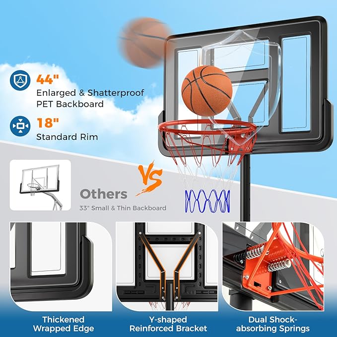 Goplus Portable Basketball Hoop, 10FT Height Adjustable Basketball Goal w/44‘’ Shatterproof Backboard, Outdoor Basketball Stand for Adults Backyard Driveway