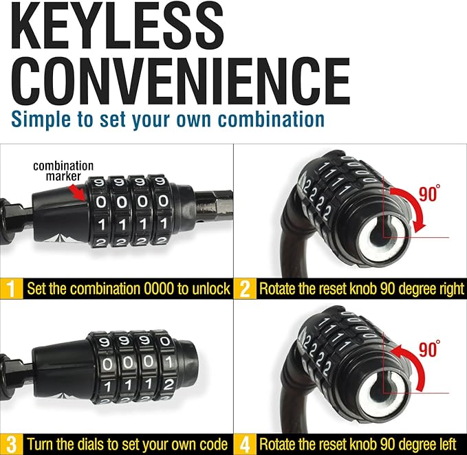 MARQUE Combination Bike Lock Cable- 3/8 inch (5FT, 10FT, 15FT, 25FT) Resettable Combination Lock, Anti-Theft Coiled Secutiry Cable for Bicycles, Kayaks, Paddle Boards, Gates and Outdoor Gear (15 FT)