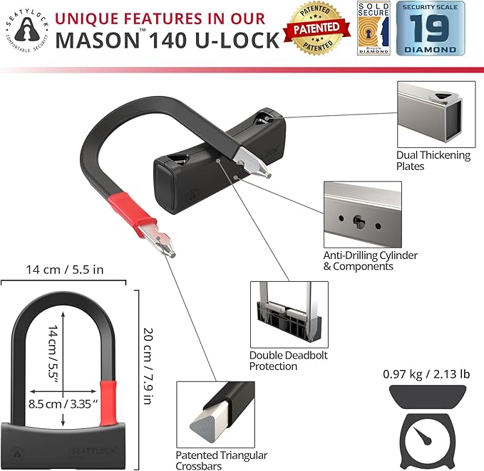 Seatylock Mason Bike U Lock - Patented Heavy Duty Anti Theft Diamond Secure ULock - Ultra Security Bicycle Safety Tool with Keys for City Electric or Mountain Bikes and Scooters