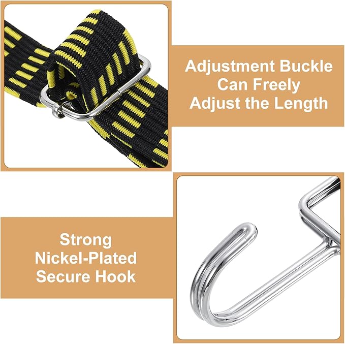 uxcell 6Pcs Adjustable Bungee Cords with Hooks, 79 Inch Flat Heavy Duty Elasticity Straps Rubber Bungee Cords with Buckle for Outdoor, Camping, Tarp, Bike Rack, Luggage, Black Yellow