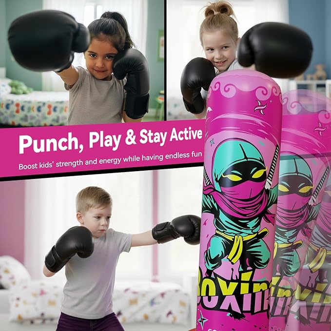 COMMOUDS 67inch Punching Bag for Kids, Inflatable Kids Boxing Set with Gloves, Fast Rebound Punching Bag for Practicing Karate, Taekwondo, MMA, Christmas/Birthday Gift for Boys Girls, Ages 6-14