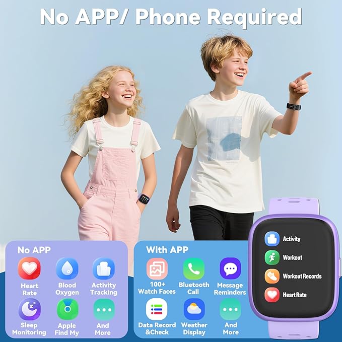 Fitness Tracker for Kids No APP No Phone Needed, Compatible with Apple Find My, 1.83" Smart Watch, Heart Rate, Sleep Monitor, IP68 Waterproof, Step Counter, Puzzle Games for Girls Boys Teens 5-16