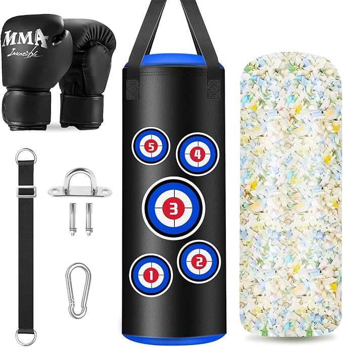 Hanging Punching Bag for Kids, 2FT PU Leather Kicking Bag with Boxing Bag Gloves, Heavy Bag Boxing Equipment for Training Karate Muay Thai Kick Taekwondo(Unfilled)