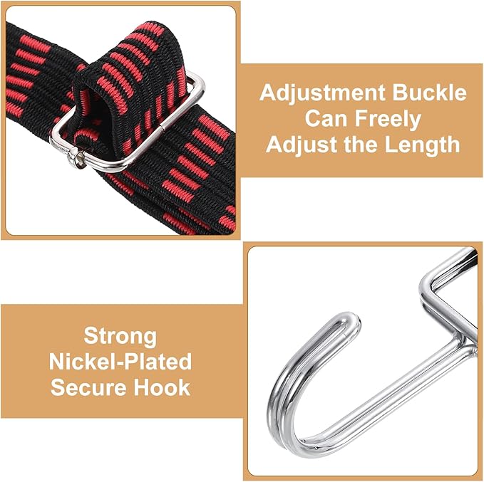 uxcell 4Pcs Adjustable Bungee Cords with Hooks, 79 Inch Flat Heavy Duty Elasticity Straps Rubber Bungee Cords with Buckle for Outdoor, Camping, Tarp, Bike Rack, Luggage, Black Red