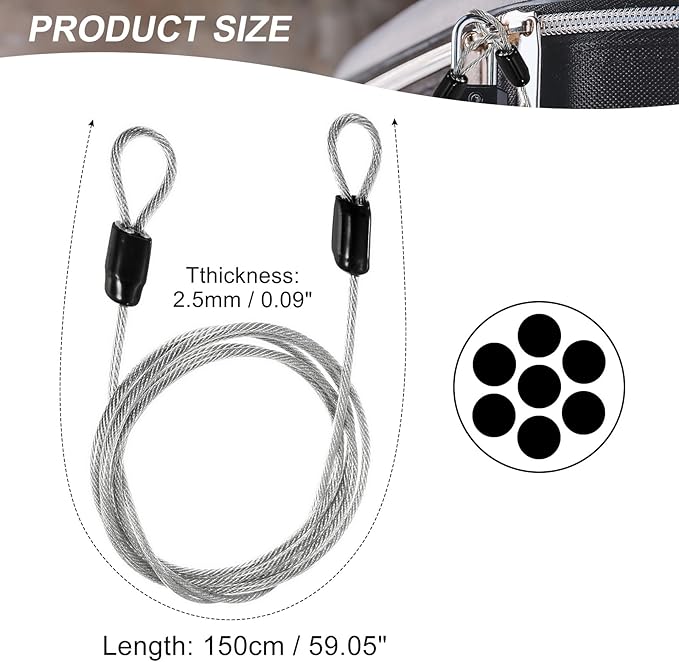 MECCANIXITY Security Steel Cable Lock, Safety Cable Flexible Wire Rope Luggage Lock 5feet 2.5mm Vinyl Coated Braided Steel with Double Loop for Bike Bicycle U-Lock Padlock Transparent