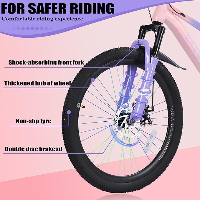 20/24 Inch Mountain Bike for Kids, Girls Boys Bikes Ages 8-12, Single Speed Mountain Bicycle with Suspension Fork, 20/24 Inch Bike Boys Girls Bicycles with Front and Rear Disc Brakes