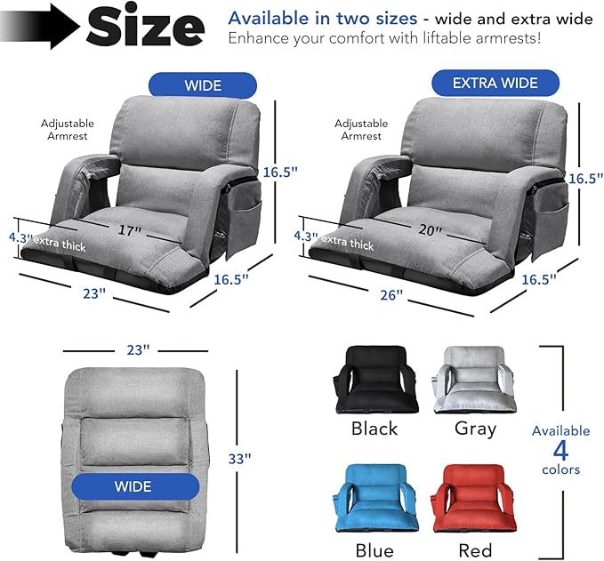 Wide Stadium Seats with Back Support, Exclusive Sofa Style Design Extra Thick Bleacher Chairs with Back and Cushion, 6 Reclining Positions - Ultimate Comfort for Sports Events (Grey, 22.5")