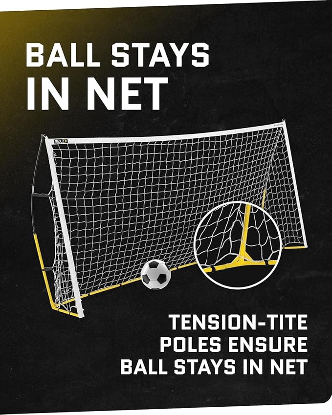 SKLZ Quickster Soccer Goal - Portable Goal for Backyard & Field - Durable Tension-Tite Frame & Heavy Gauge 2-Ply Net - Adjustable Click-Lock Poles, Metal Stakes - Carrying Case with Handle