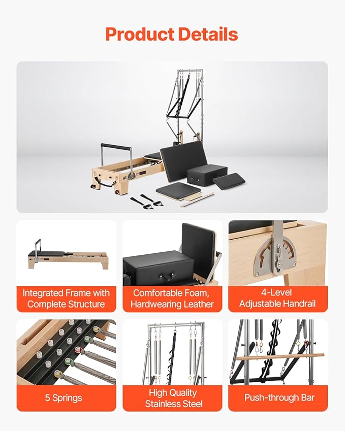 VEVOR Pilates Reformer Machine, Pilates Workout Equipment for Home Gym Studio Use, Pilates Bed with Dual Resistance- Spring & Cord, Reformer Set, Up to 400 LBS