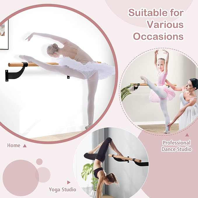 Goplus Wall Mounted Ballet Barre, 4 FT Solid Beech Wood Ballet Bar with Mounting Hardware, Traditional Single Dance Bar for Home Workout, Yoga, Stretching, Ballet Poses, 1.5 inch Dia