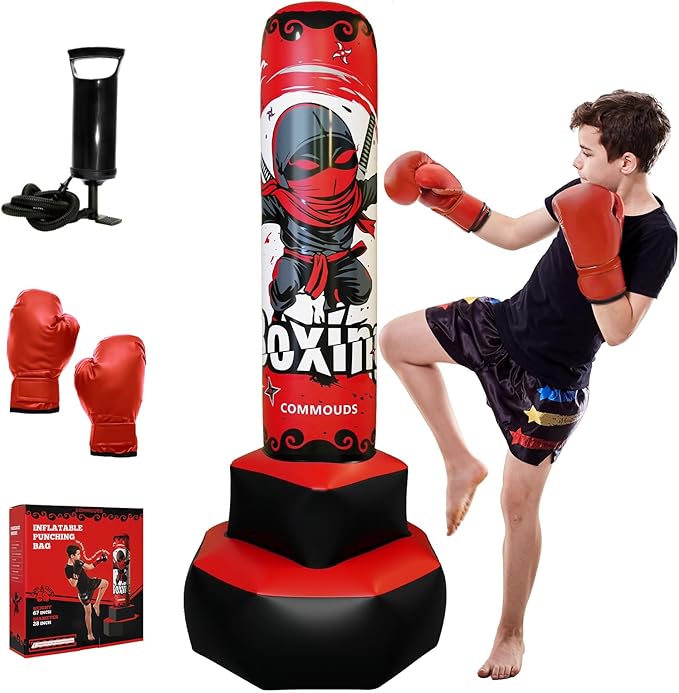 COMMOUDS 67inch Punching Bag for Kids, Inflatable Kids Boxing Set with Gloves, Fast Rebound Punching Bag for Practicing Karate, Taekwondo, MMA, Christmas/Birthday Gift for Boys Girls, Ages 6-14