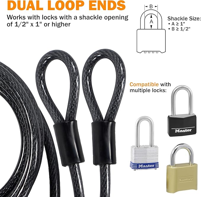Lumintrail 10mm Heavy-Duty Security Cable, Vinyl Coated Braided Steel with Sealed Looped Ends (4', 7', 10', 15', or 30') (4-FT)