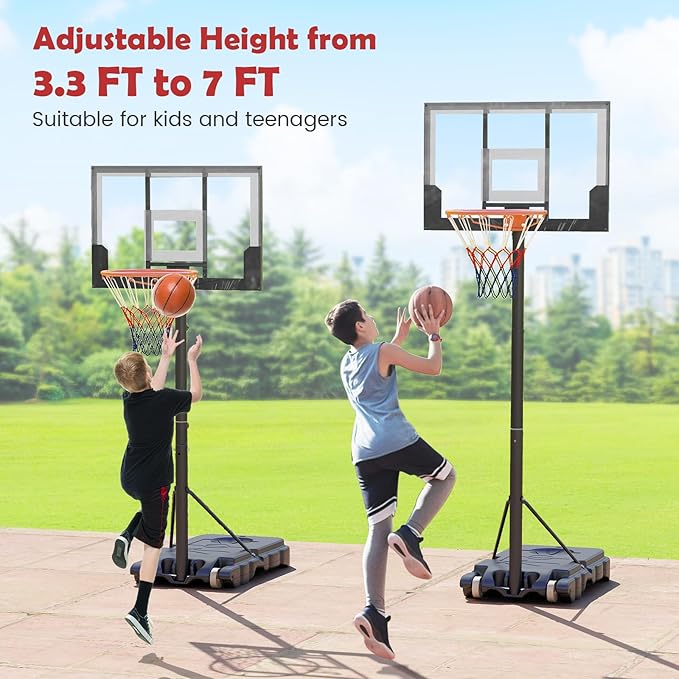 GYMAX Basketball Hoop Outdoor, 3.3-7/10 FT Adjustable Portable Basketball Goal with Wheels, PC Backboard, Fillable Base for Kids, Youth & Adults in Backyard, Driveway, Pool