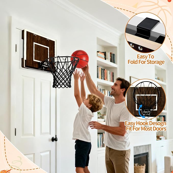 Indoor Mini Basketball Hoop Set – Over The Door with Wood Backboard & Iron Rim – Includes 2 Balls & Air Pump – Anti-Shock Padding – 16"x12"x3"