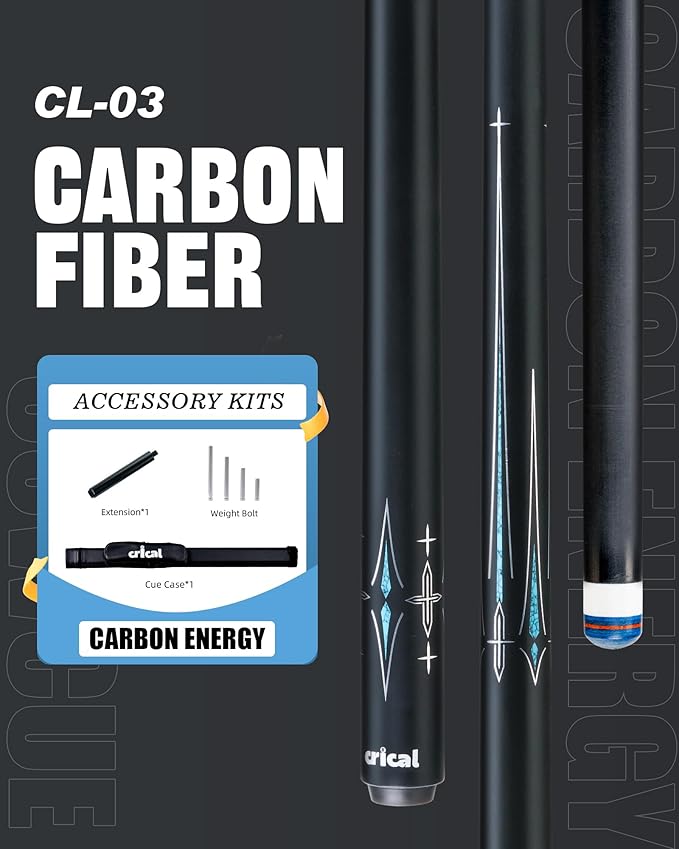 CRICAL Carbon Fiber Pool Cue Stick 58" Billiard Cue Sticks Professional Low Deflection Pool Sticks with 3/8 * 8 Pin Joint and 12.5mm Tip