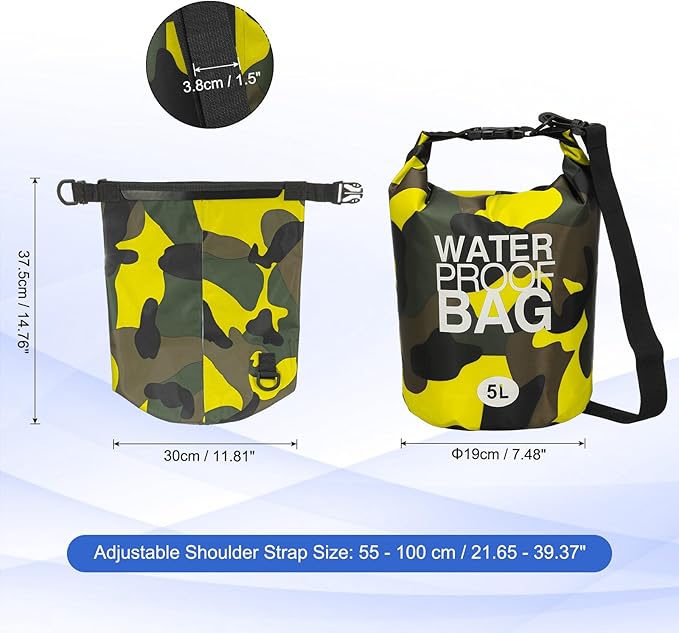 Waterproof Dry Bag, 5L Fit for Women Men Water Proof Bags Lightweight Dry Storage Floating Backpack with Whistle for Travel Boating Kayaking (Yellow Camouflage)