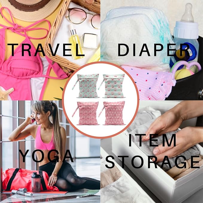 4 Pack Cute Bow Cherry Wet Bag Waterproof Washable Reusable Wet Dry Bag for Swimsuit Dirty Clothes Soiled Items Cloth Diaper Travel Beach Pool Yoga Gym Toiletries Travel Beach Essentials