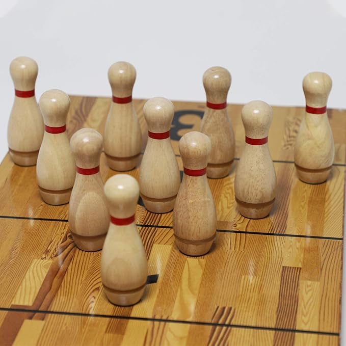 Shuffleboard Bowling Pin Set with 10 Pcs Premium Hardwood Bowling Pins Durabel Triangular Pinsetter Resin Bowling Ball and Carrying Bag, Fun for Shuffleboard Games