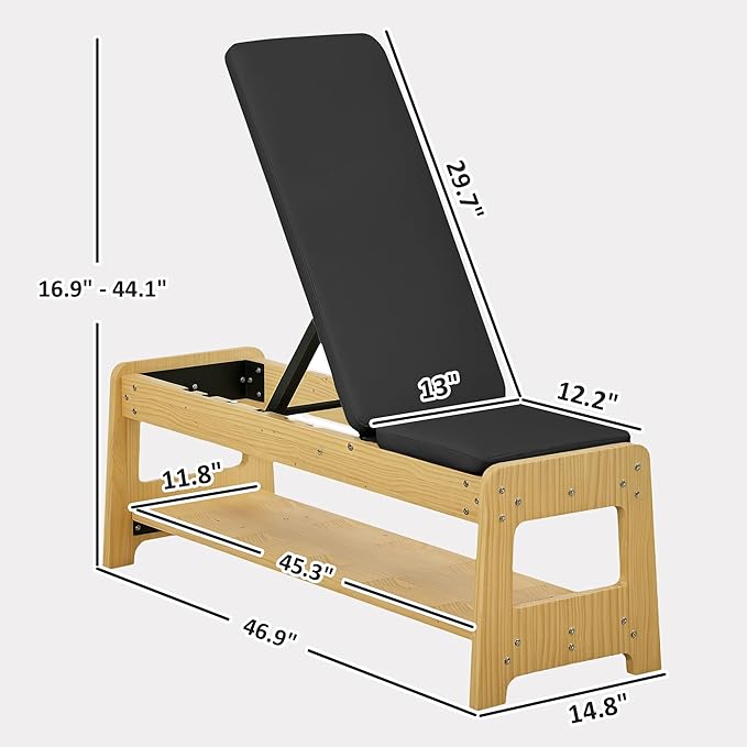 Soozier Adjustable Weight Bench with Dumbbell Rack, Wooden Workout Bench, Flat or Incline Bench for Home Gym Weight Lifting Training