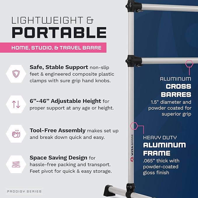 VITA Barre Portable Freestanding Double Ballet Barre, Prodigy, with Carry Bag | Adjustable Height, USA Made, Home or Gym Exercise Equipment for Kids & Adults | Dance, Fitness, Pilates