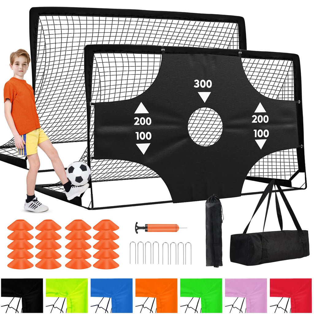 Fololicx Soccer Goals for Backyard, 2 of 6x4ft Kids Soccer Net Training Equipment Track Field Race Hurdles, Portable Pop Up Toddler Soccer Goal with Soccer Ball, Scoring Target Cloth, and Cones