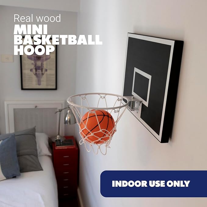 CALIKIWIPROS Mini Basketball Hoop Set Pro League Decorative Solid Wood Wall Mount, Includes 9’ Hoop & 5 mini Basketballs, Classic Look with Colors Matching Some pro Teams.