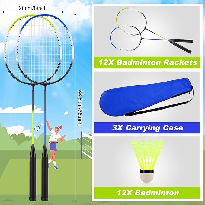 12 Pack Badminton Rackets Set Including Rackets, Nylon Shuttlecocks and Carry Bag for Outdoor Backyard Games Beginners