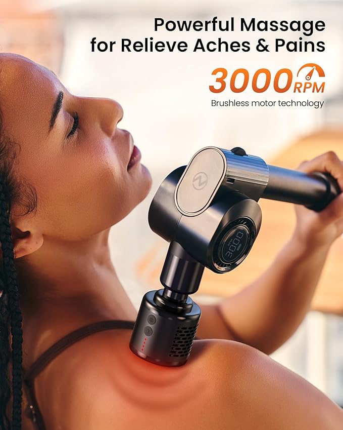 Massage Gun with Heat and Cold Head,Deep Tissue Percussion Back Massager for Muscle/Neck/Body Pain Relief with Long Extension Retractable Handle,32-Speeds,Foldable with 5 Adjustable Angles