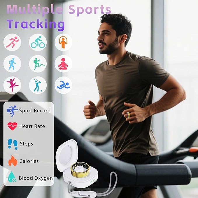 Health Fitness Tracker Ring for Women Men – Smart Ring with Heart Rate, SpO2, Blood Pressure, Sleep Monitoring with Charging Case,Remote Photography, Family Care, No Subscription Fee (Gold 11)