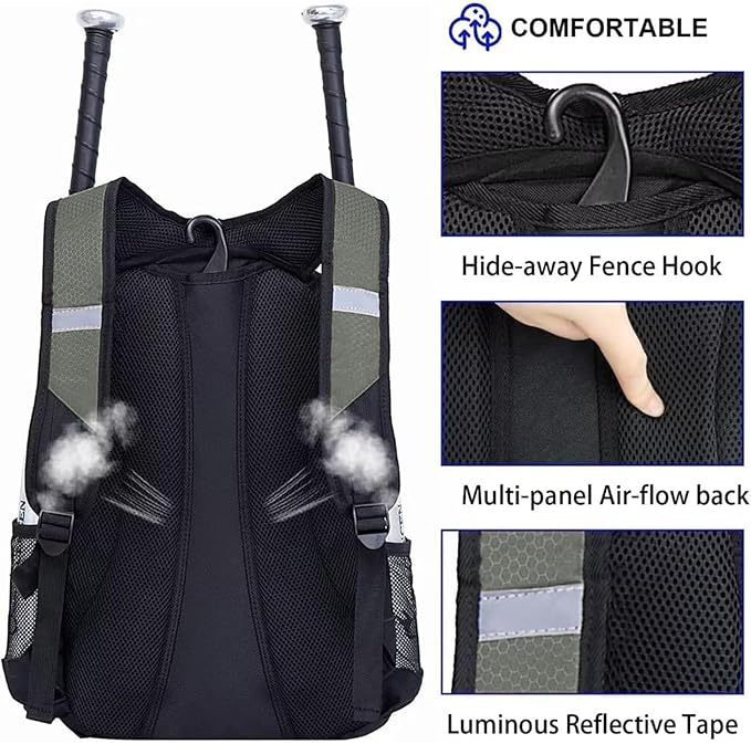 Baseball Bag Softball Backpack - Youth Adult T Ball Bat Equipment Bag with Bat Helmet Holders, Shoe Compartment