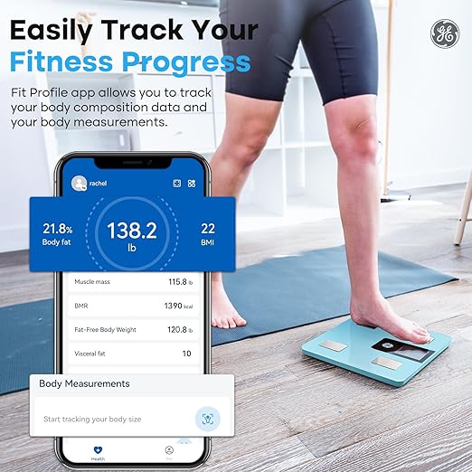 GE Smart Scale for Body Weight, BMI, Fat, Muscle Mass with All-in-one LCD Display, Digital Bathroom Scale Bluetooth Body Composition Analyzer with App, Accurate Weighing 400 lb Blue