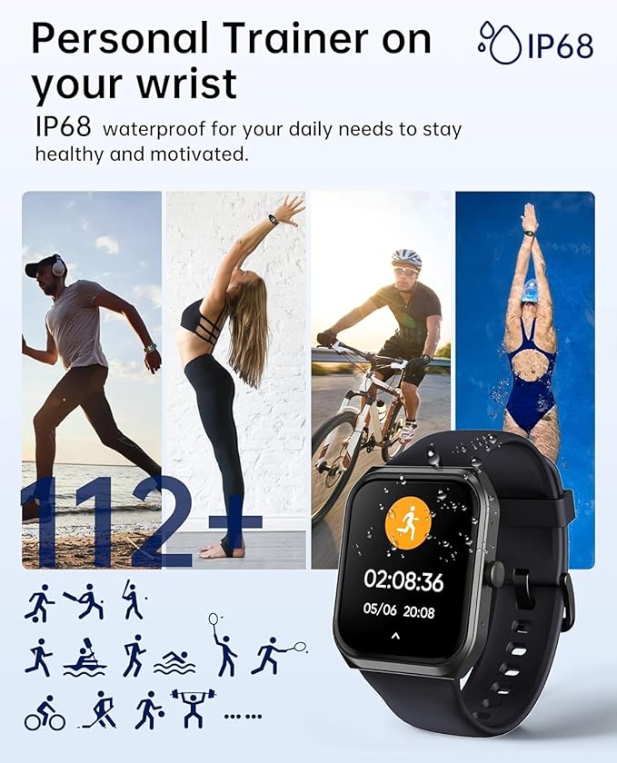 Smart Watches for Men Women (Answer Make Call), 1.95" Fitness Watch with Blood Oxygen Heart Rate Sleep Monitor, 100+ Sports IP68 Waterproof Fitness Watch for Android iOS Phones