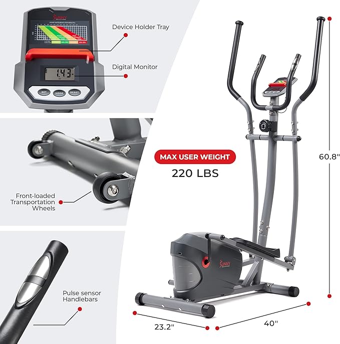 Sunny Health & Fitness Smart 2-in-1 Upright Elliptical Full-Body Exerciser, Home Cross-Training Arm/Leg Cardio Workout Machine, Optional Free SunnyFit App Bluetooth Link or Electro-Magnetic Resistance