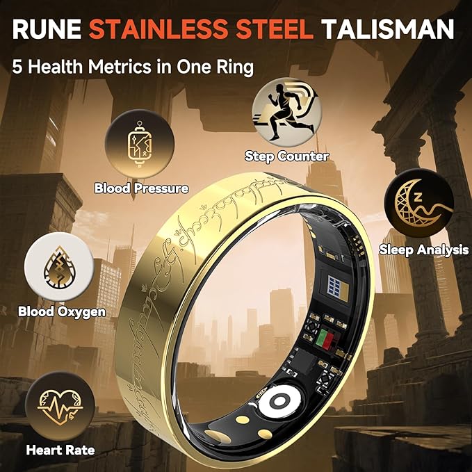 Ultra Smart Ring for Women Men,Health Fitness Tracker with Sleep/Blood Pressure/Oxygen Monitoring, Heart Rate & Activity Tracking,IP68 Waterproof, 5+Day Battery,No Subscription Fee 1-Gold 13