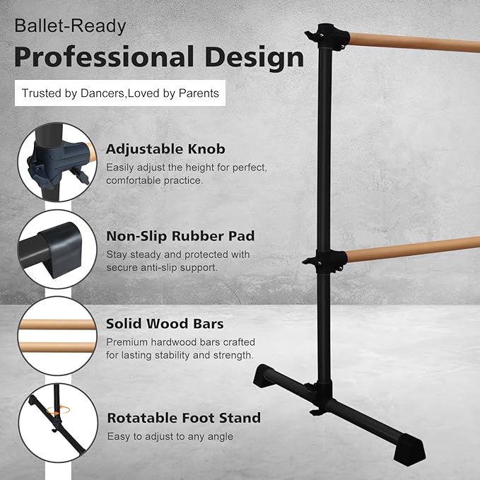 4FT/6FT Freestanding Ballet Barre Wood/Steel Height Adjustable from 7 to 46 inch Ballet Bar Portable Double Dance Bar for Home Workout and Stretch