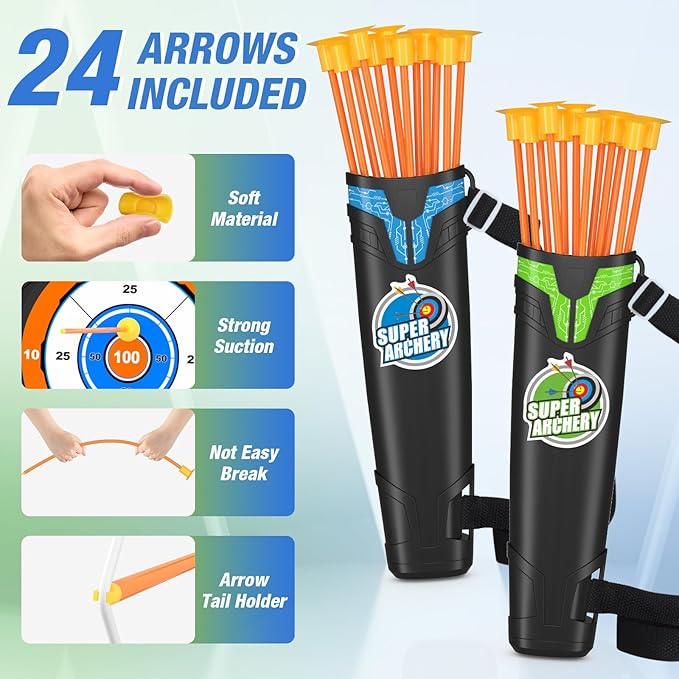2 Pack Bow and Arrow for Kids, LED Light Up Archery Set with 24 Suction Cup Arrows, 1 Standing Target, 6 Score Targets & 2 Quiver, Indoor Outdoor Sport Gifts for Boys Girls Ages 4-8
