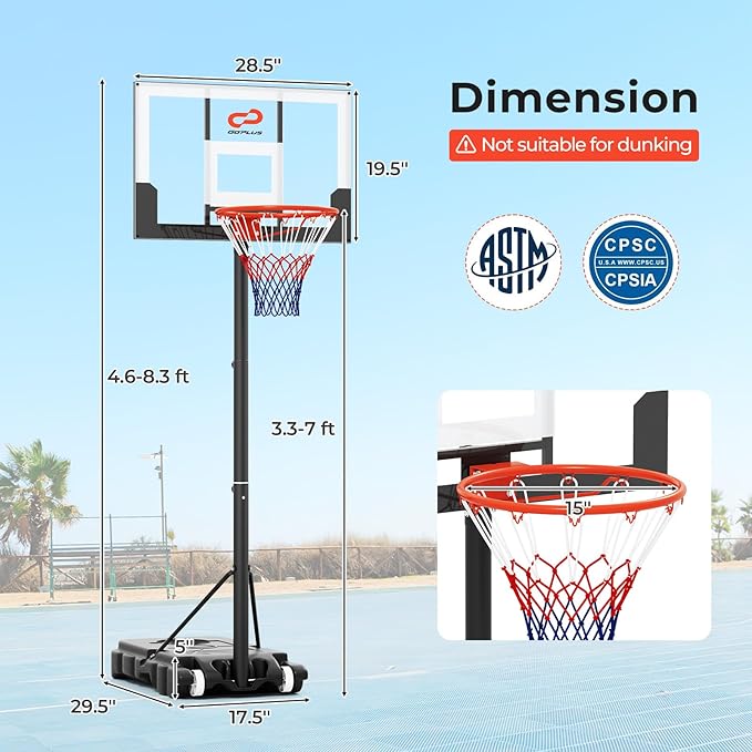 Goplus Basketball Hoop Outdoor, Portable 3.3-7FT/10FT Adjustable Basketball Goal System w/Shatterproof PC Backboard, Wheels for Adults in Pool Driveway Backyard