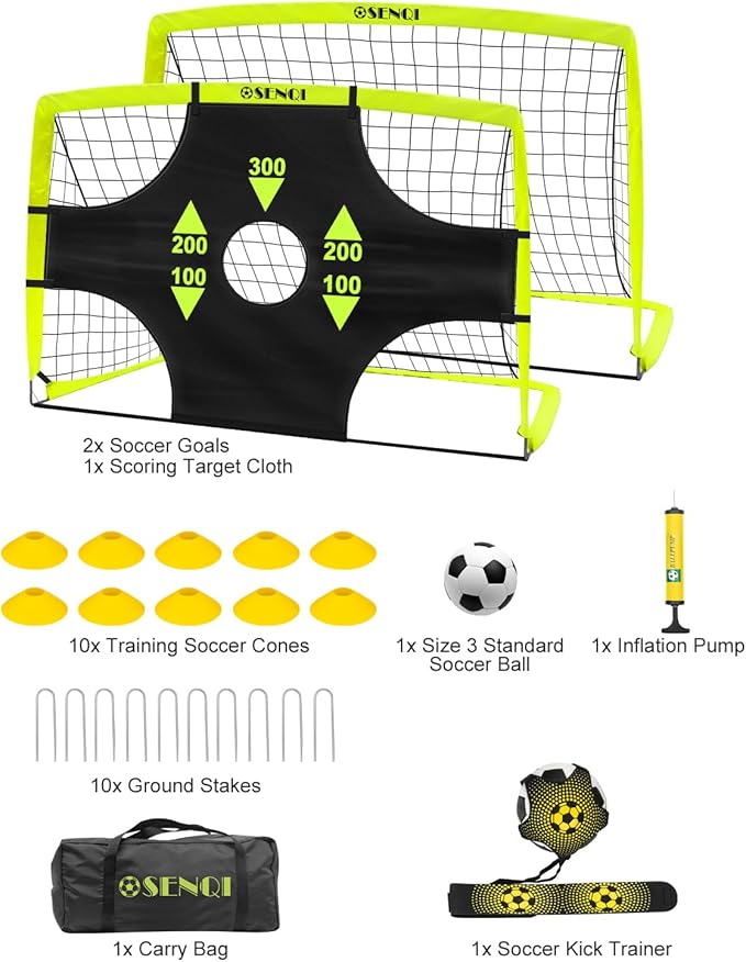 Soccer Goal，Portable Soccer Goal of 6x4ft，2 Set of Soccer Goal Backyard Training Equipment with Soccer Ball and Scoring Target Cloth，Outdoor Sports Games Gift