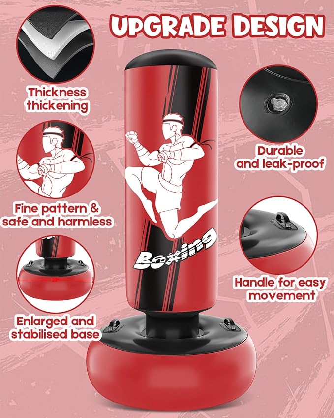 66 Inch Inflatable Kids Punching Bag with Boxing Gloves, Freestanding Boxing Bag, Stand Kids Punching Bag Toy, Bounce-Back Bag Gifts for Kids, Girls, Boxing Set for Practicing Karate, Taekwondo, MMA