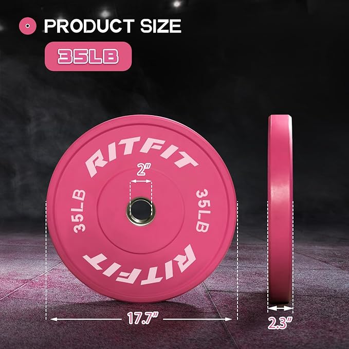 RITFIT Pink Weight Plates, 2 Inch Olympic Barbell Weight Plate, Bumper Plates With Steel Insert, Pink Weights for Gym and Home