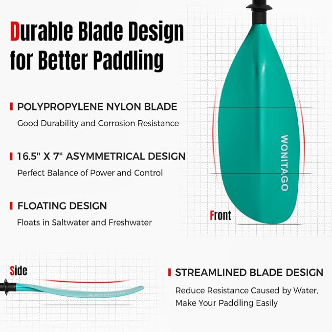 Kayak Paddle with Fiberglass Shaft and Reinforced Nylon Blade, Adjustable Kayaking Oars, 3 Piece, 230-250 cm/90-98 inches, 210-230 cm/82-90 inches
