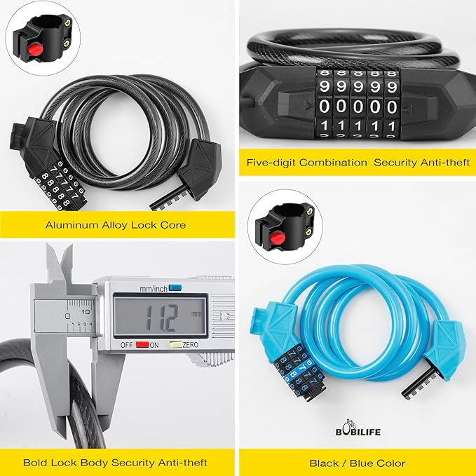 Bike Lock with Mounting Bracket, 4-Feet Bike Cable Basic Self Coiling 5-Digit Resettable Combination Cable Bike Locks, for Bicycle, Motorcycle, Scooter (Black)