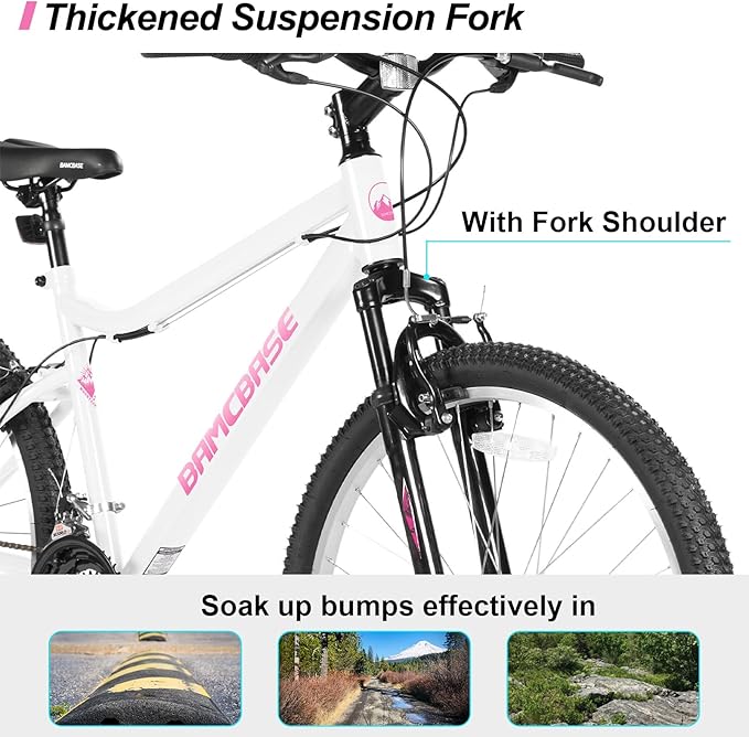HILAND 26 Inch Womens and Mens Mountain Bike, 18 Speed Steel Frame Adult Bicycle, MTB Bikes with Suspension Fork, V Brake, Mountain Bicycle for Woman Man, Purple Green White