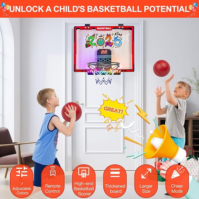 Awsoo Basketball Hoop Indoor for Kids，Mini Basketball Hoop with Colorful Light Bar，Scoreboard& 4 Basketballs, Basketball Toys Gifts for 3 4 5 6 7 8 9 10 11 12 Year Old Boys Girls (Red)