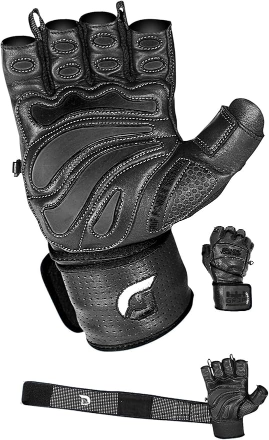 Elite Leather Gym Gloves with Built in 2" Wide Wrist Wraps Grip & Design for Weightlifting Power Lifting Bodybuilding & Strength Training Workout Exercises, Size : Large, Size : Large