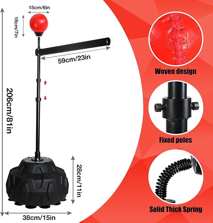 Solid Refle Bag Boxing Speed 45-80in Trainer Punching Bag Spinning Bar Training Boxing Ball with Reflex Bar Free Standing Adjustable Height for Adult Youth Red